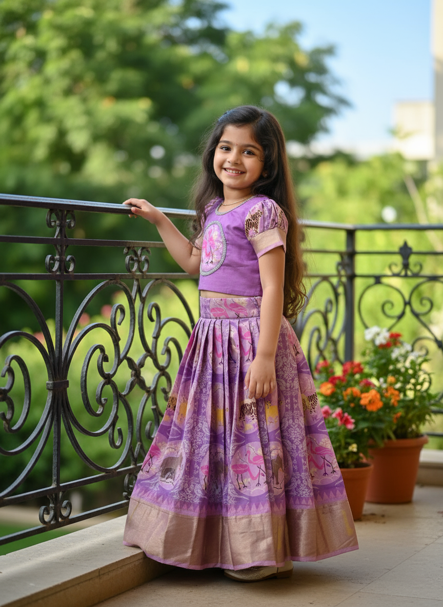 Kids Cotton Lehenga Choli with Border Thread Work | Adjustable Drawstring