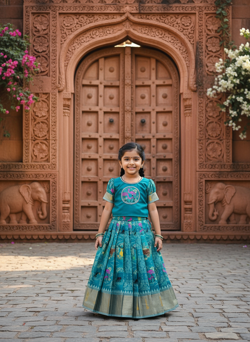 Kids Cotton Lehenga Choli with Border Thread Work | Adjustable Drawstring