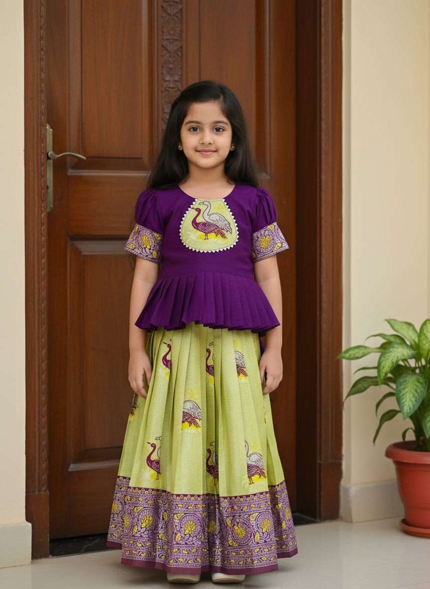 Kids Art Silk Lehenga Choli with Fiesta Weaving Work & Satin Blouse | Adjustable Drawstring