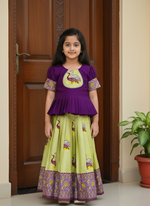 Kids Art Silk Lehenga Choli with Fiesta Weaving Work & Satin Blouse | Adjustable Drawstring