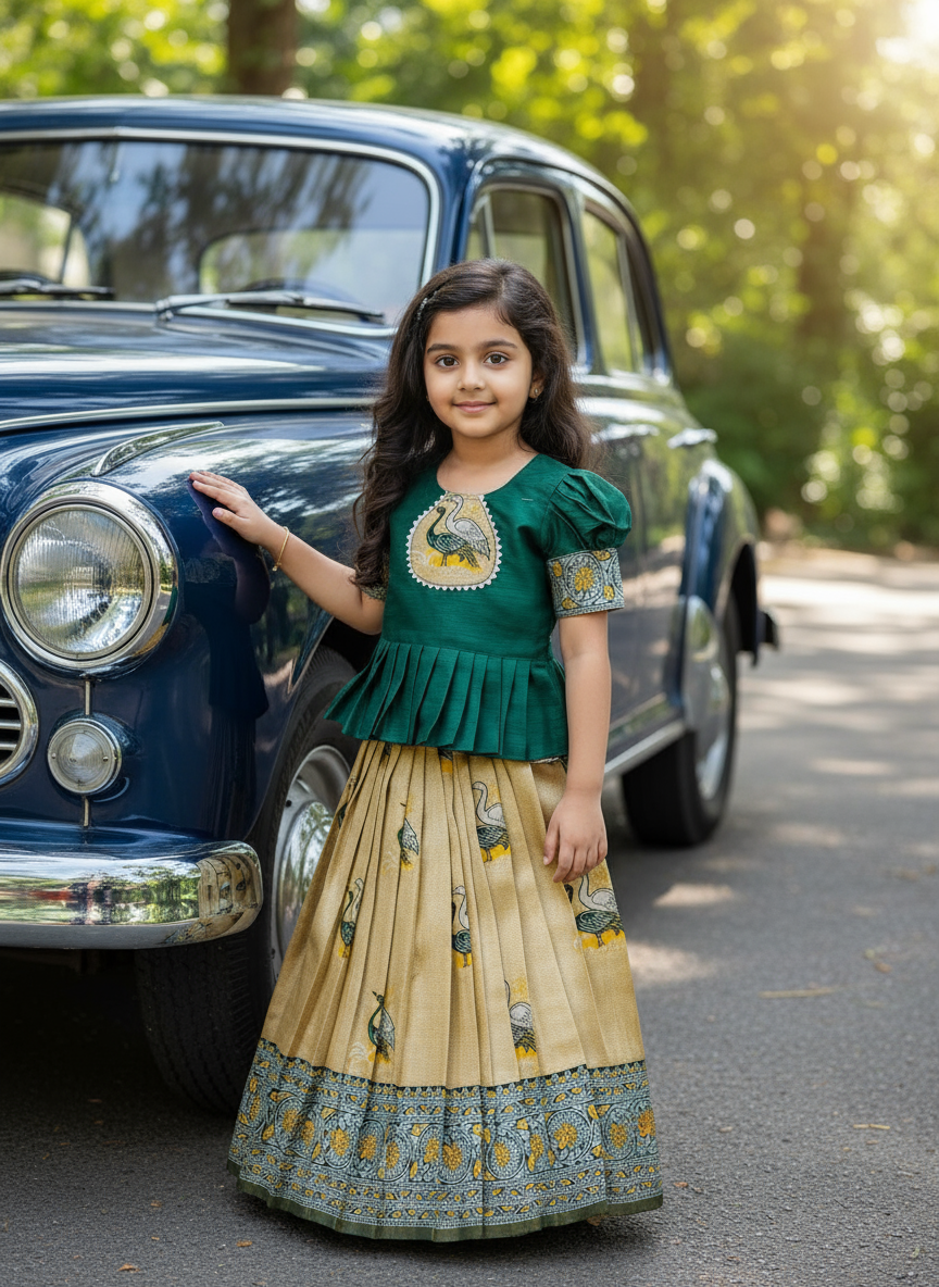 Kids Art Silk Lehenga Choli with Fiesta Weaving Work & Satin Blouse | Adjustable Drawstring