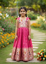 Kids Dola Silk Gown – Zari Weaving with Floral & Peacock Motifs | Festive & Wedding Wear