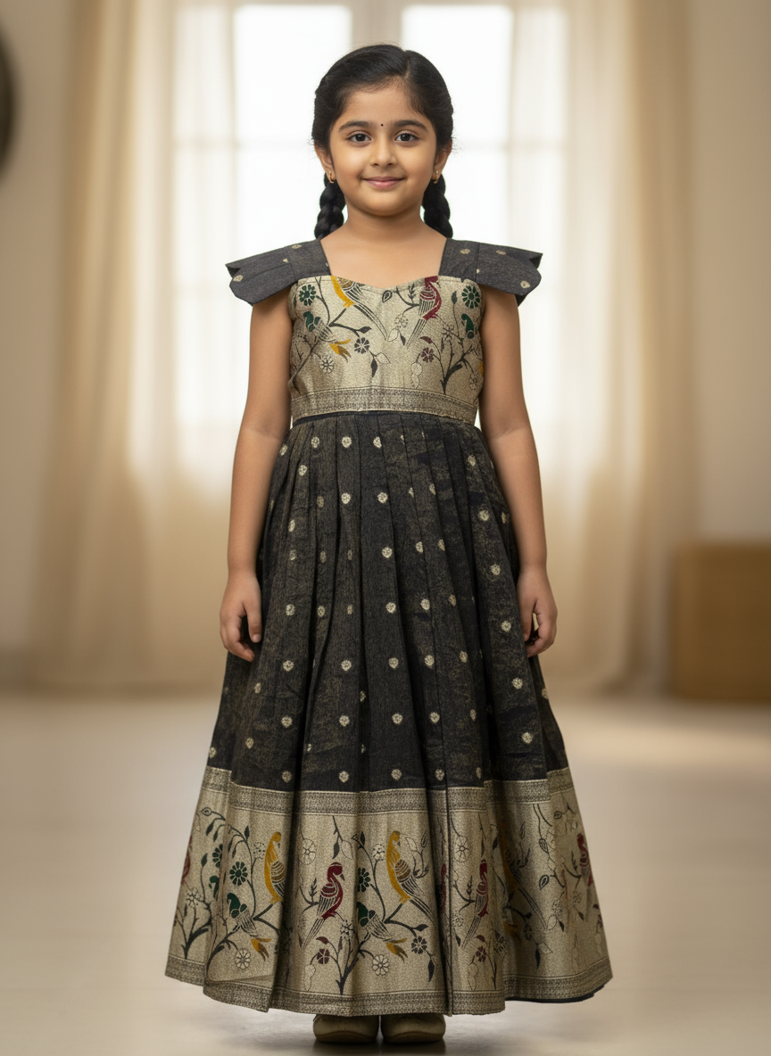 Kids Dola Silk Gown – Zari Weaving with Floral & Peacock Motifs | Festive & Wedding Wear