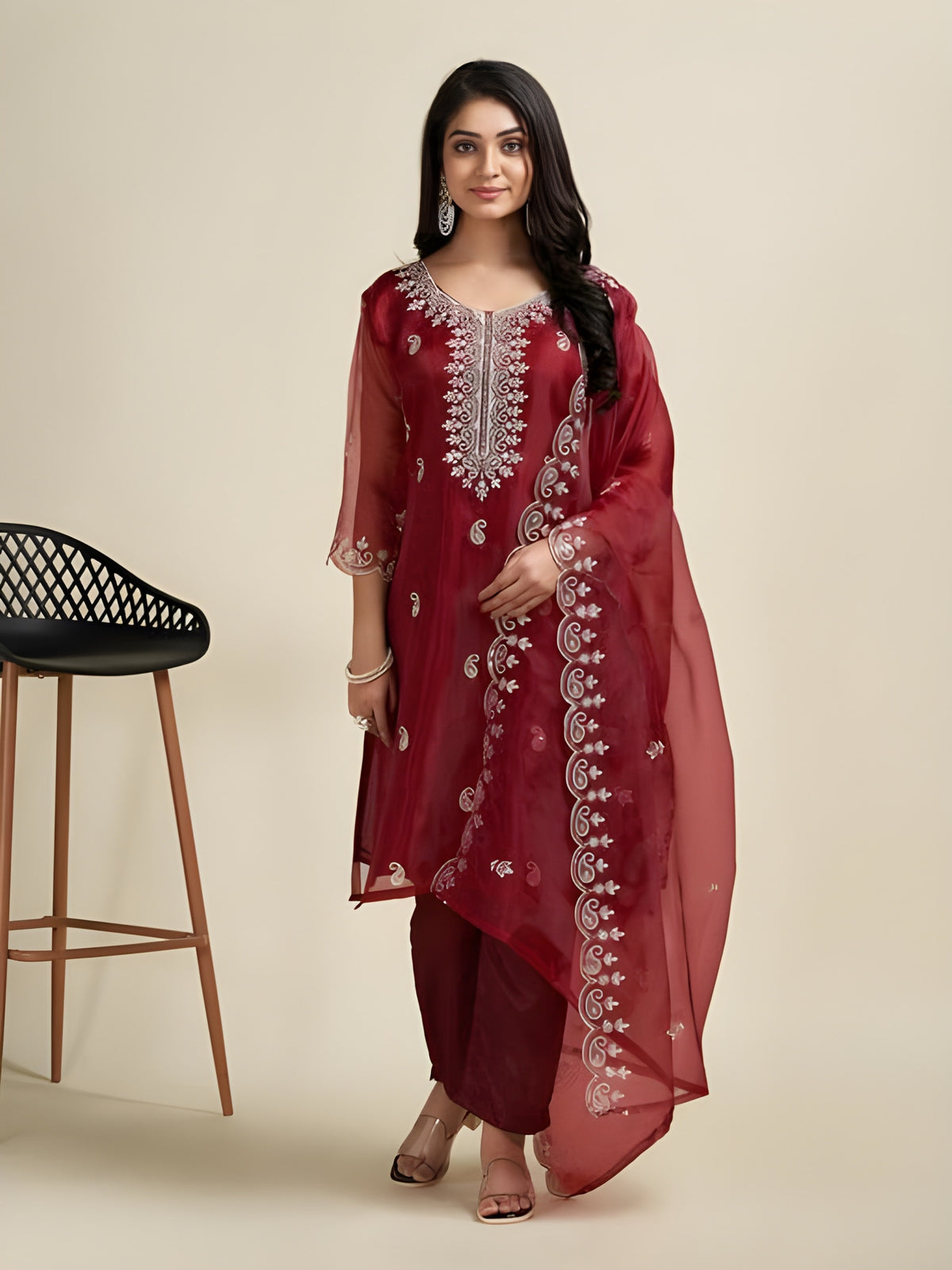 Bit-Butta Embroidery Lace Border Kurti with Pant & Dupatta Set | Organza Fabric | Festive Collection
