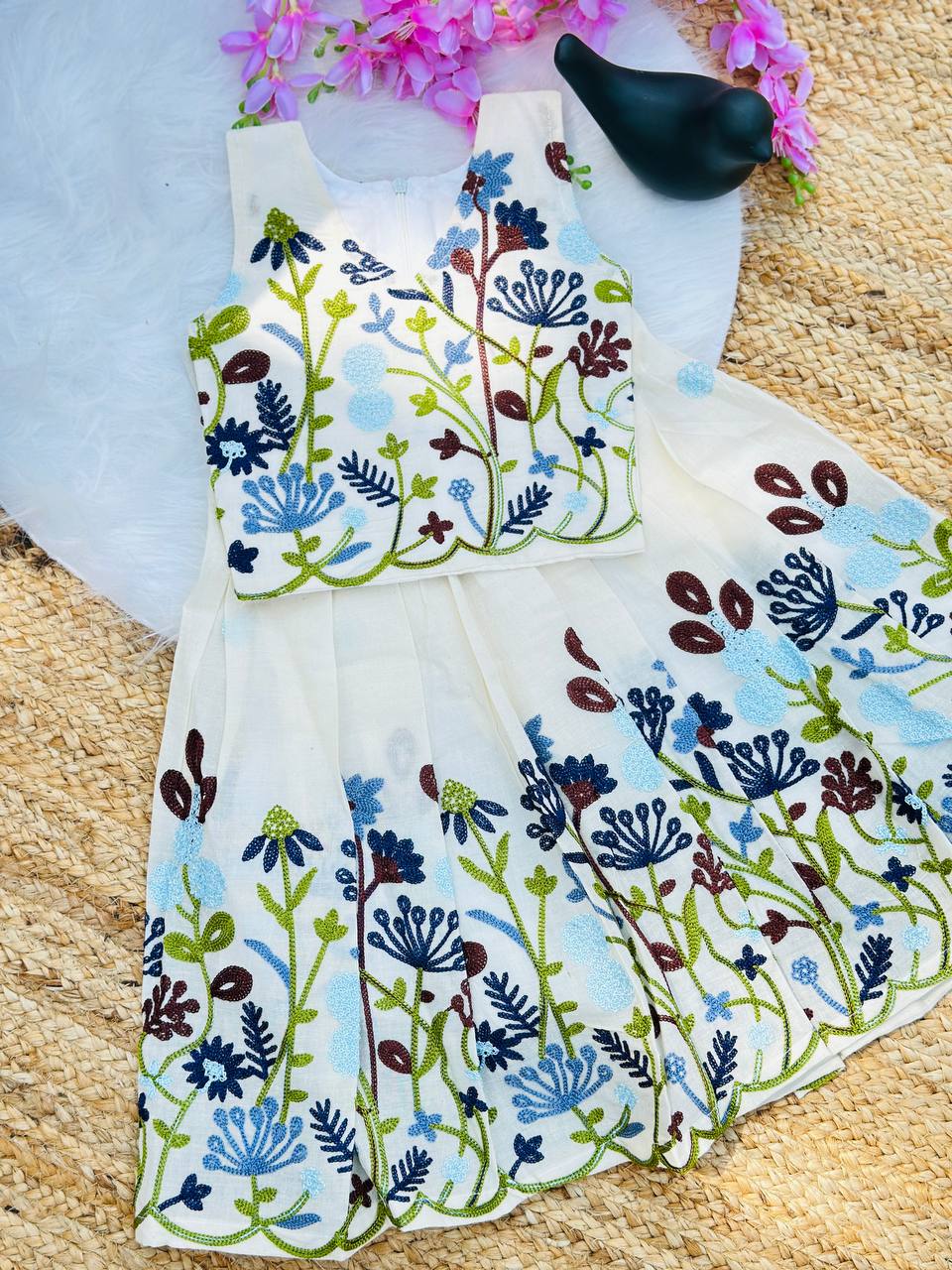 Kids Pure Cotton Silk Lehenga Choli with Border Thread Work | Adjustable Drawstring & Tassels