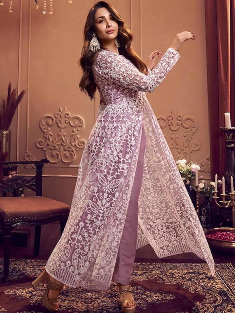 Zigisha Embroidery Kurti with Pant Set | Net Fabric Kurti with Crepe Pant | Super Heavy Premium Quality