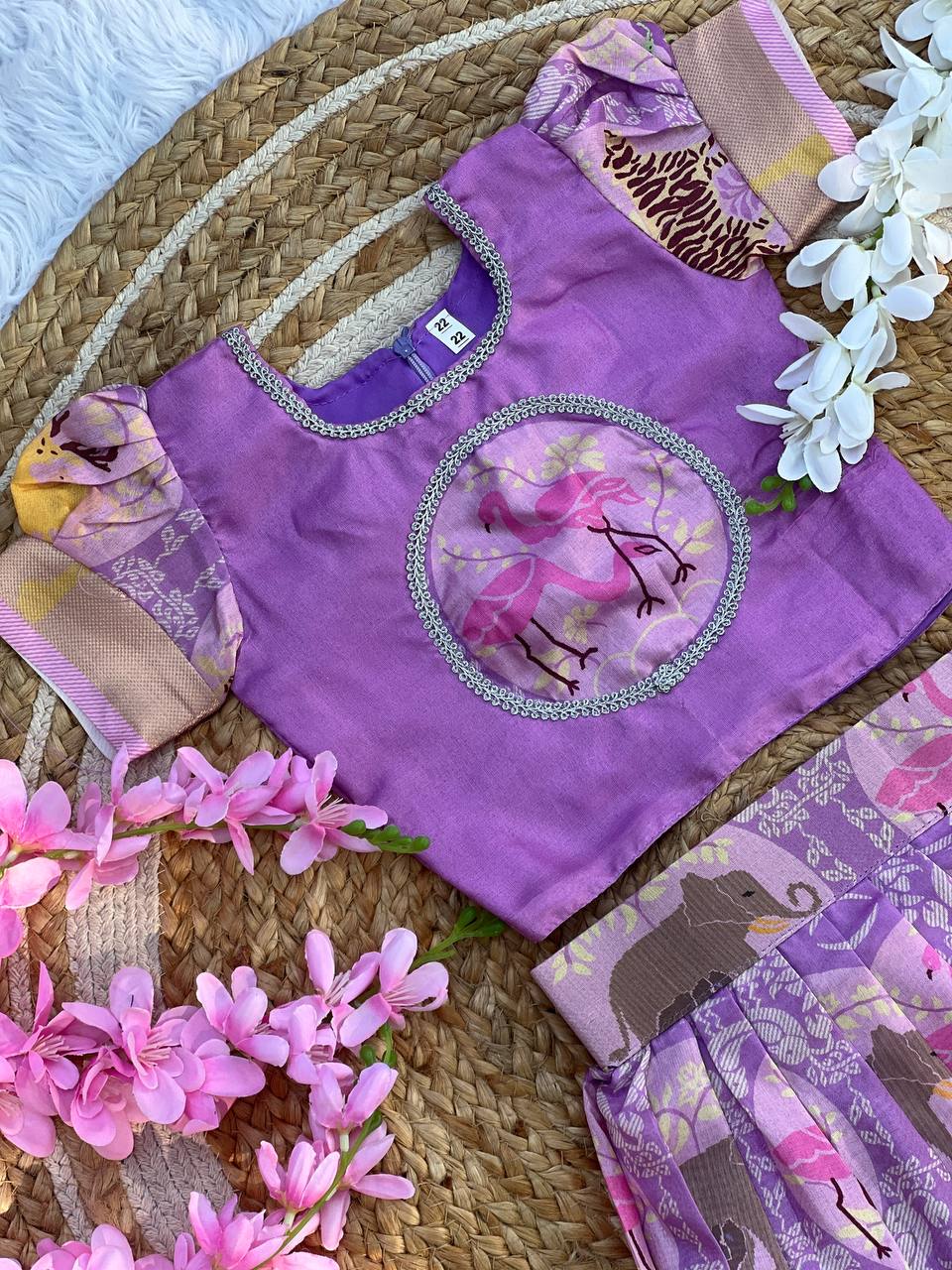 Kids Cotton Lehenga Choli with Border Thread Work | Adjustable Drawstring