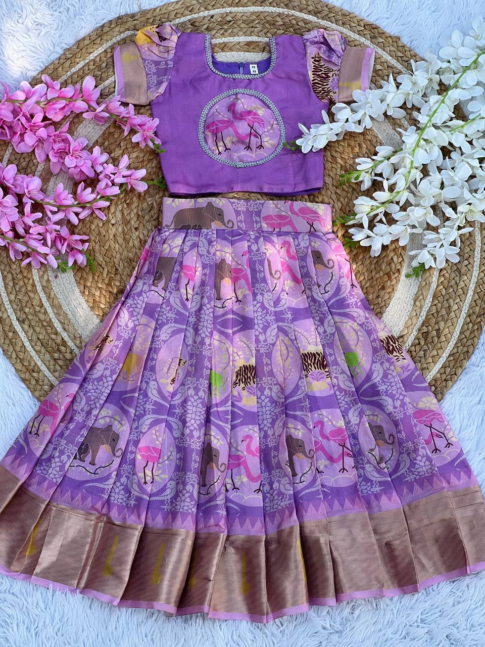 Kids Cotton Lehenga Choli with Border Thread Work | Adjustable Drawstring