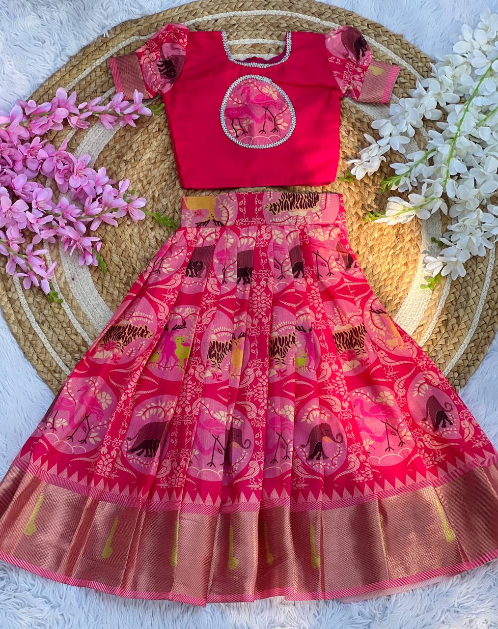 Kids Cotton Lehenga Choli with Border Thread Work | Adjustable Drawstring