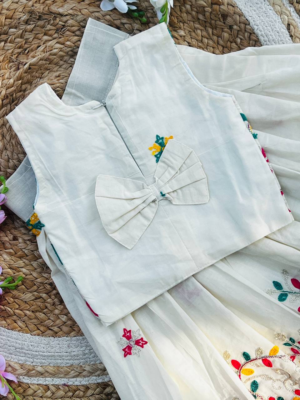 Kids Pure Cotton Silk Lehenga Choli with Border Thread Work | Adjustable Drawstring & Tassels