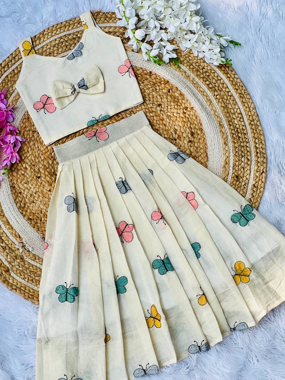 Kids Cura Cotton Lehenga Choli with Vibrant Embroidery & Flower Print Gown Style