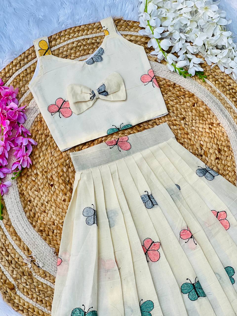Kids Cura Cotton Lehenga Choli with Vibrant Embroidery & Flower Print Gown Style