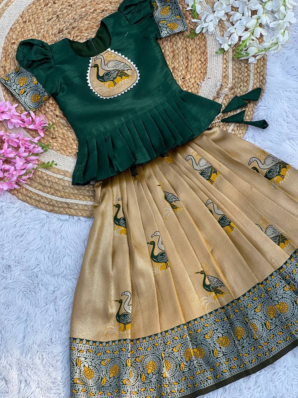 Kids Art Silk Lehenga Choli with Fiesta Weaving Work & Satin Blouse | Adjustable Drawstring