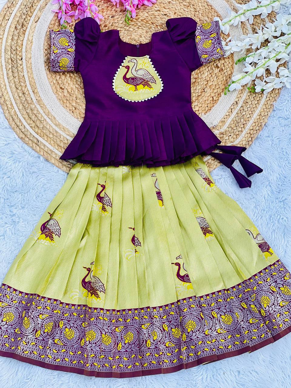 Kids Art Silk Lehenga Choli with Fiesta Weaving Work & Satin Blouse | Adjustable Drawstring