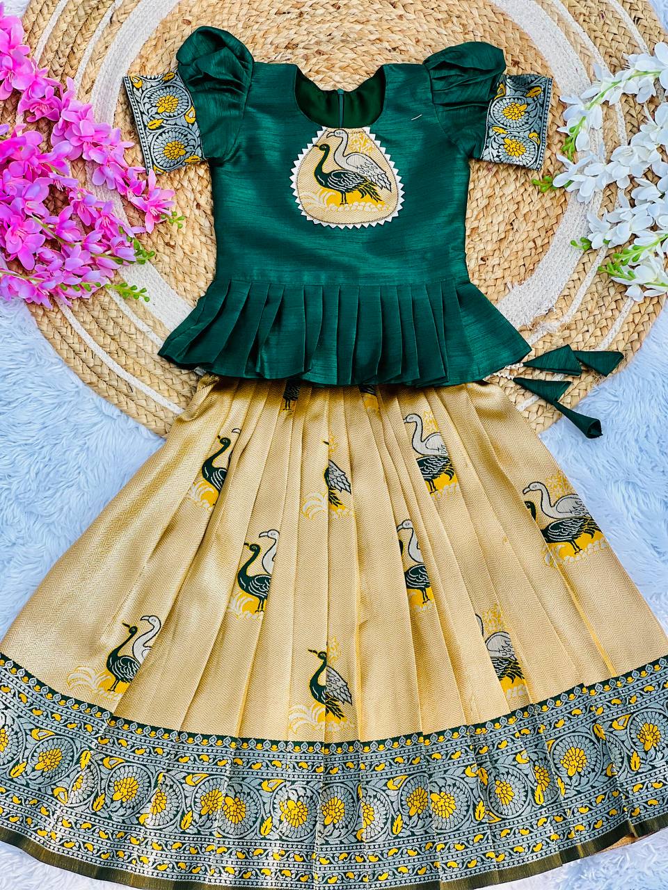 Kids Art Silk Lehenga Choli with Fiesta Weaving Work & Satin Blouse | Adjustable Drawstring