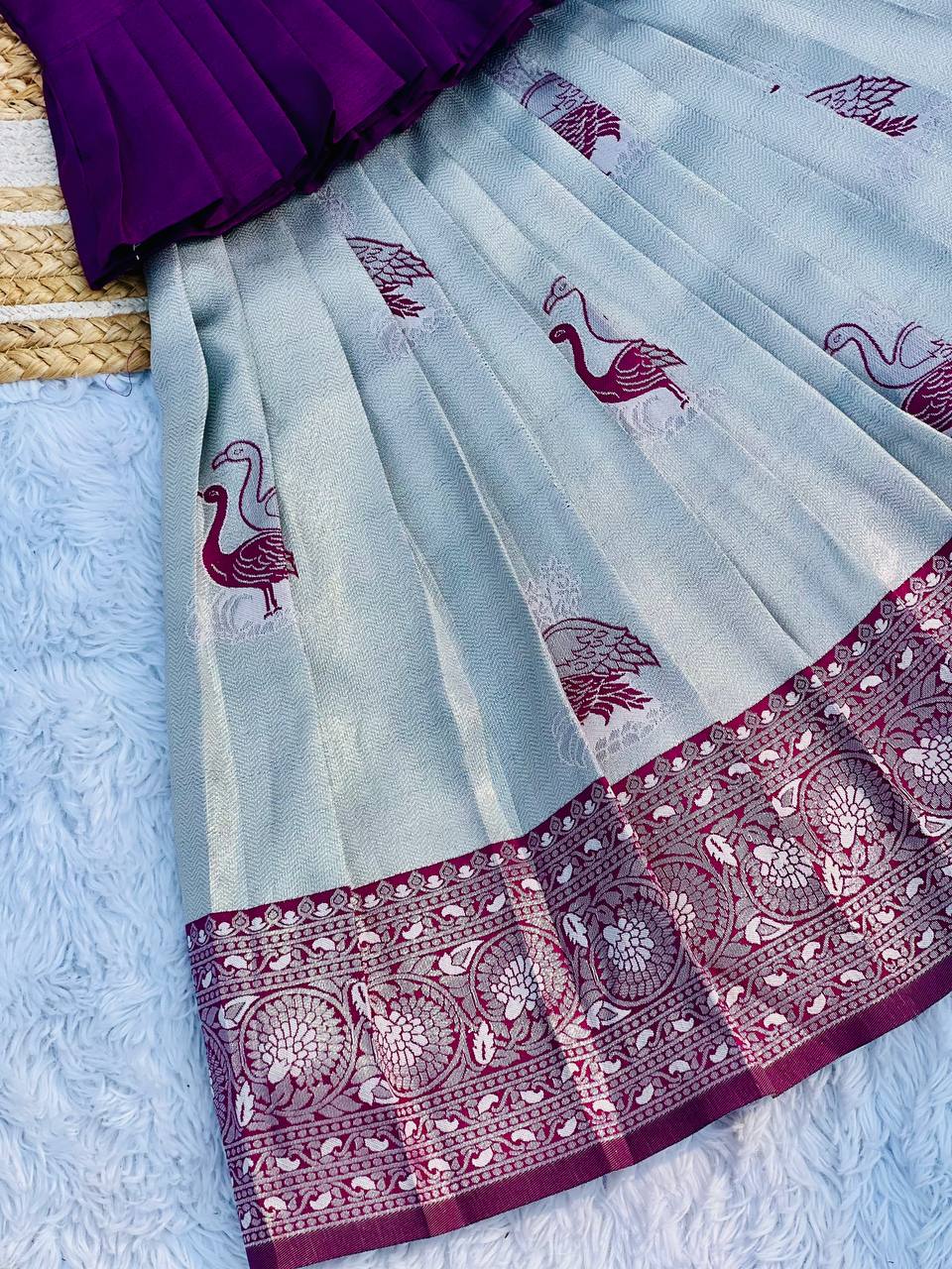 Kids Art Silk Lehenga Choli with Fiesta Weaving Work & Satin Blouse | Adjustable Drawstring