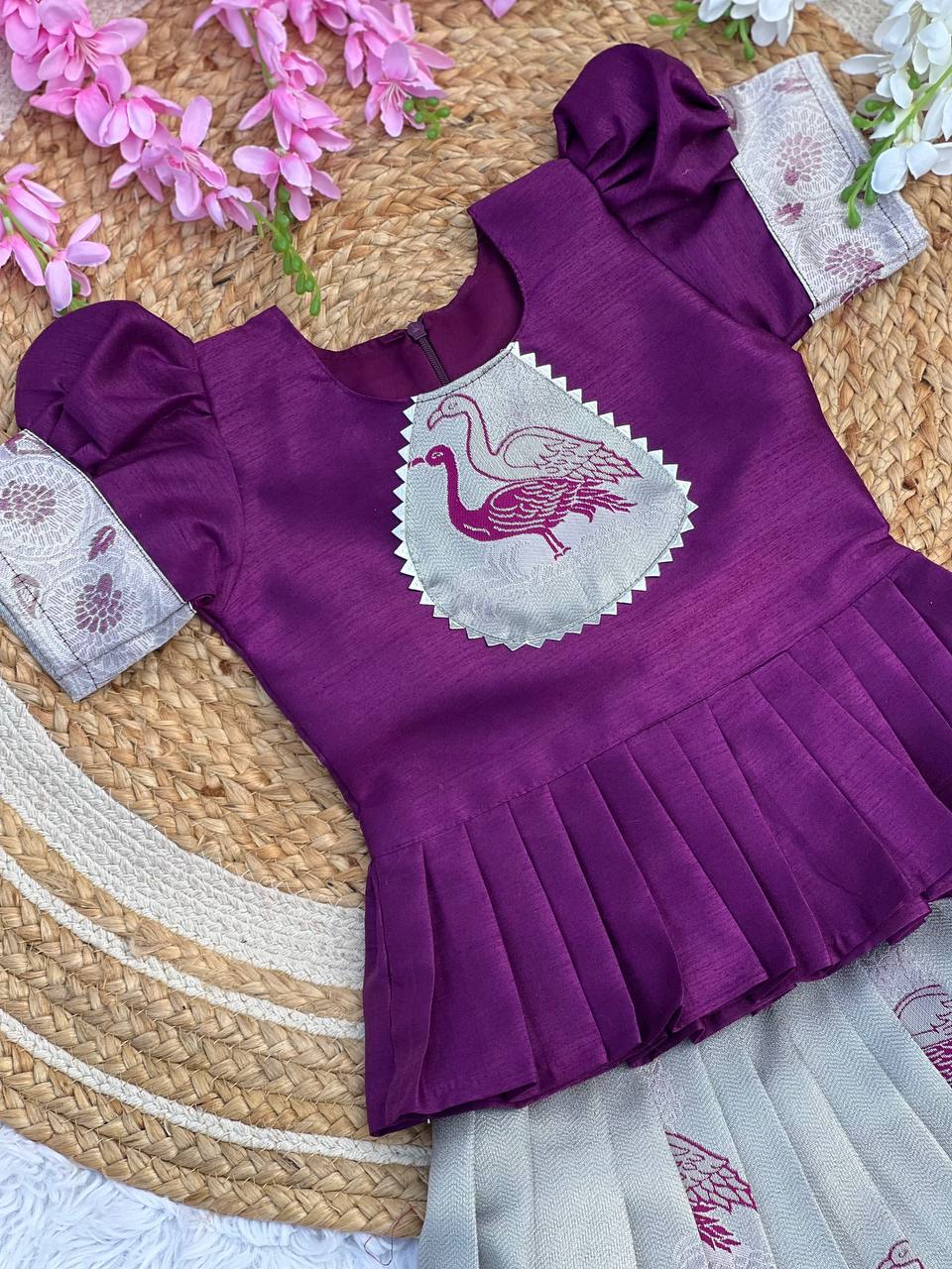 Kids Art Silk Lehenga Choli with Fiesta Weaving Work & Satin Blouse | Adjustable Drawstring