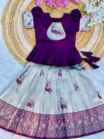 Kids Art Silk Lehenga Choli with Fiesta Weaving Work & Satin Blouse | Adjustable Drawstring