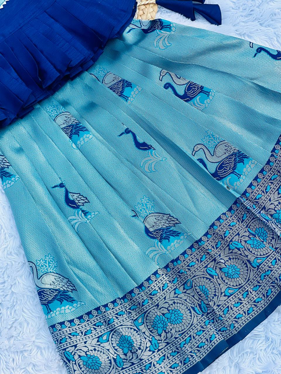 Kids Art Silk Lehenga Choli with Fiesta Weaving Work & Satin Blouse | Adjustable Drawstring