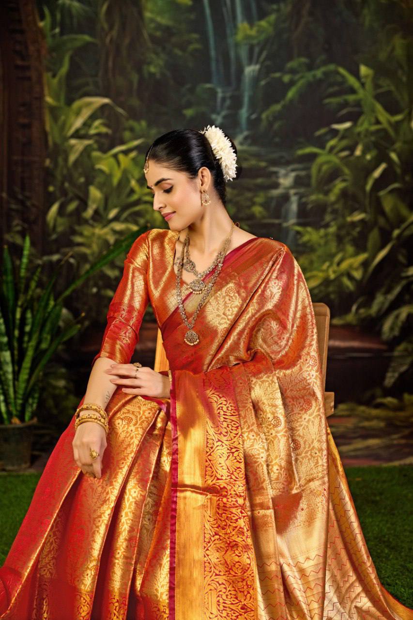 Bridal Kanjivaram Semi Silk Saree with Contrast Khaddi Border & Rich Weaving Pallu | Panghat Collection