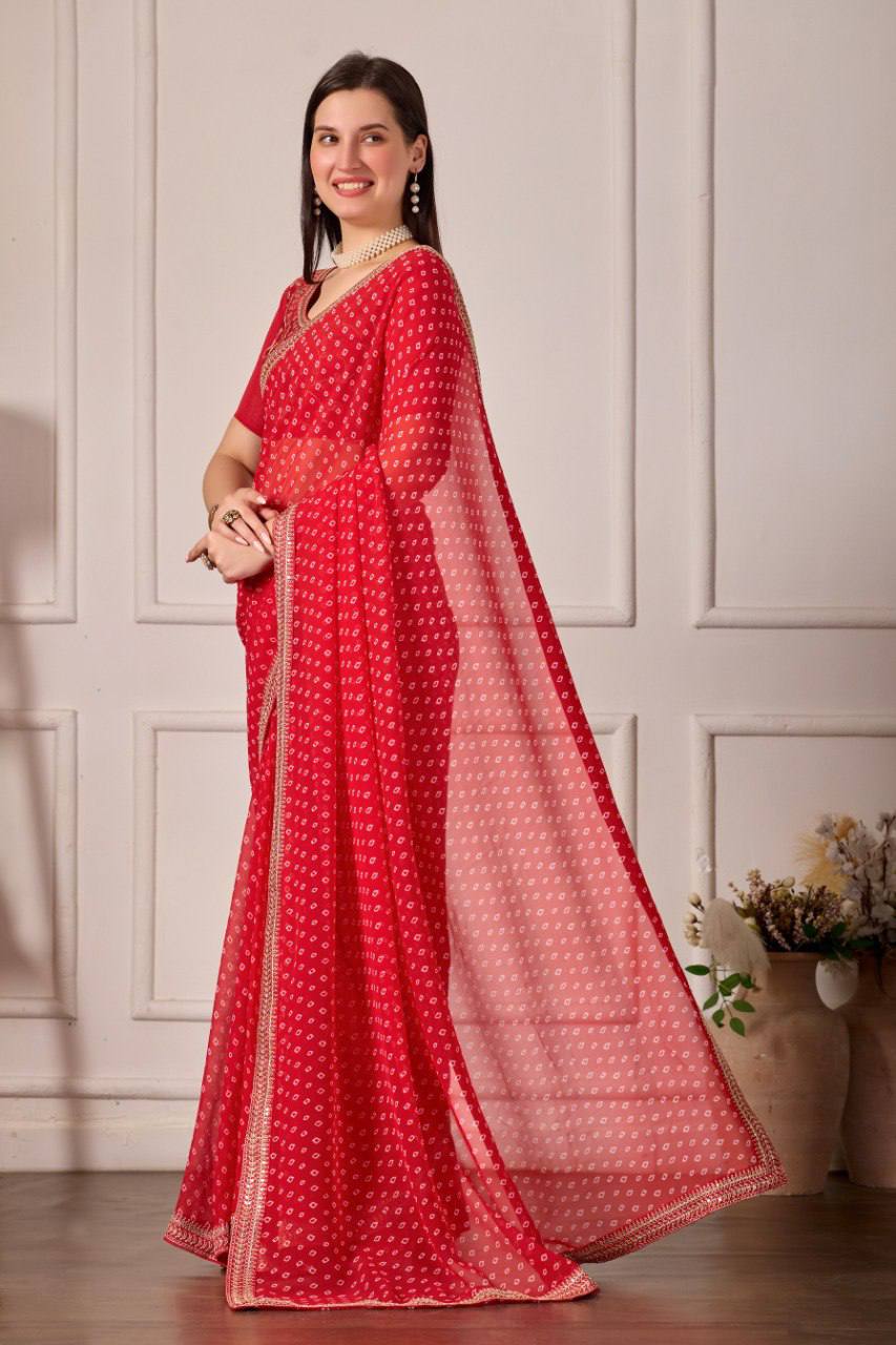 Bandhani Georgette Silk Saree with Embroidery Dori Work & Tapeta Blouse
