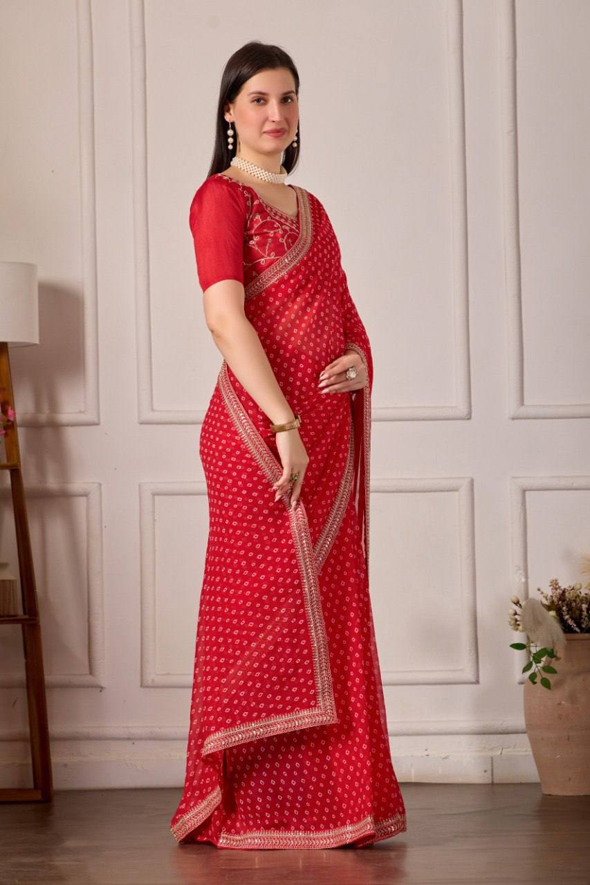 Bandhani Georgette Silk Saree with Embroidery Dori Work & Tapeta Blouse