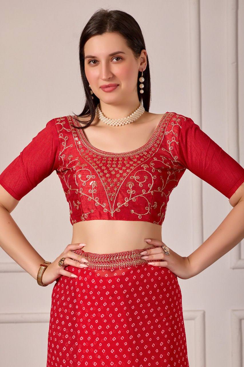 Bandhani Georgette Silk Saree with Embroidery Dori Work & Tapeta Blouse