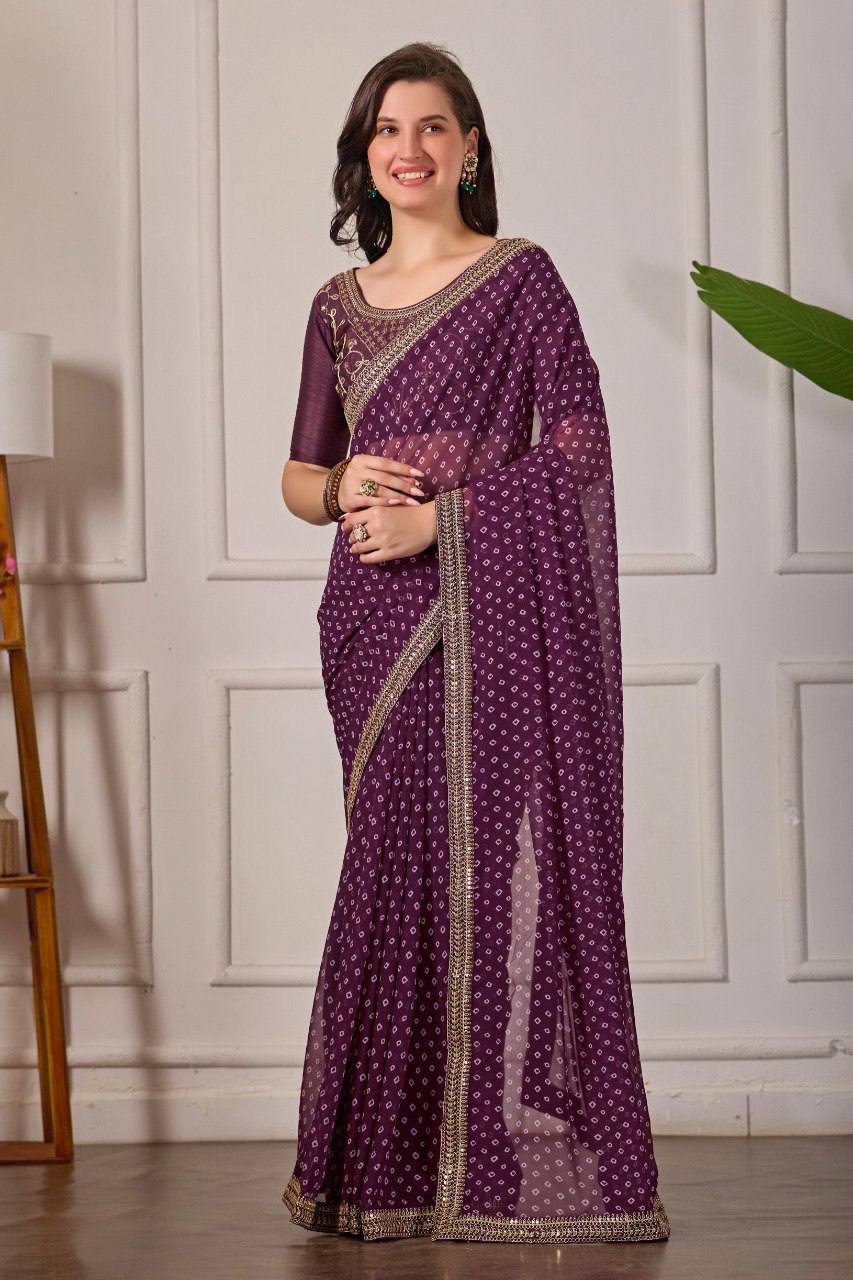 Bandhani Georgette Silk Saree with Embroidery Dori Work & Tapeta Blouse