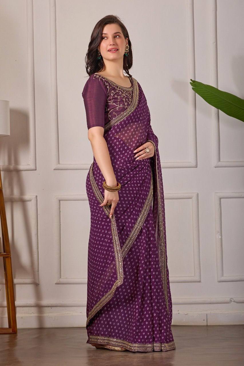 Bandhani Georgette Silk Saree with Embroidery Dori Work & Tapeta Blouse