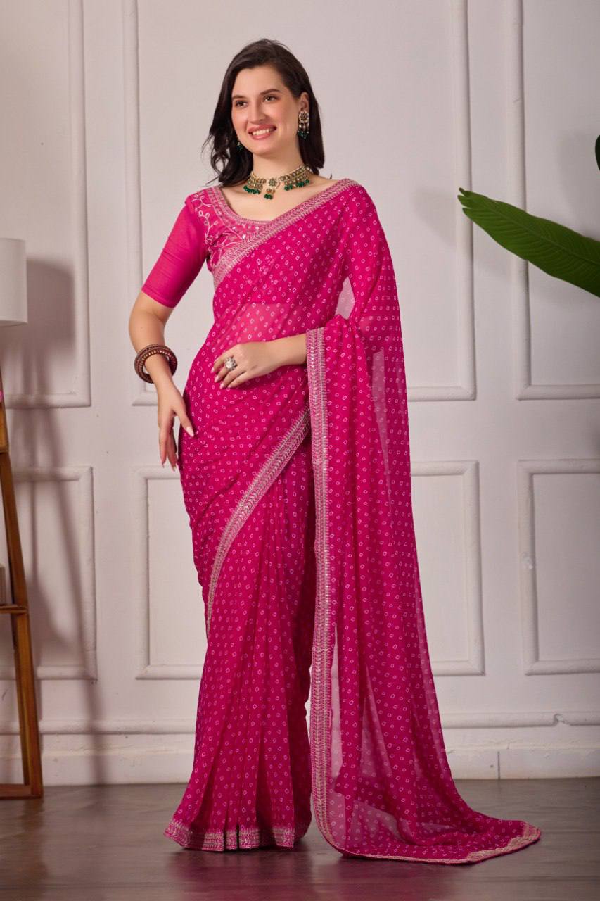Bandhani Georgette Silk Saree with Embroidery Dori Work & Tapeta Blouse