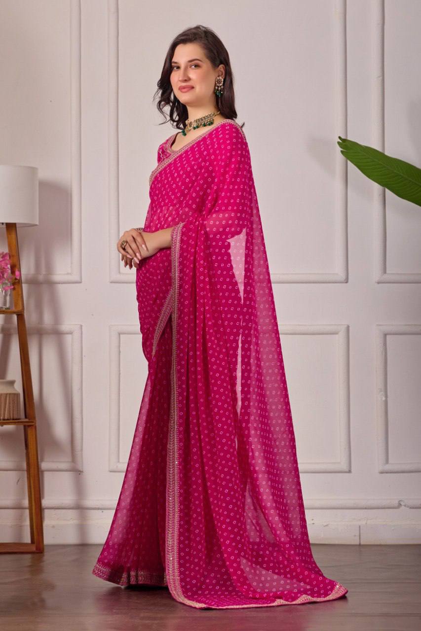 Bandhani Georgette Silk Saree with Embroidery Dori Work & Tapeta Blouse