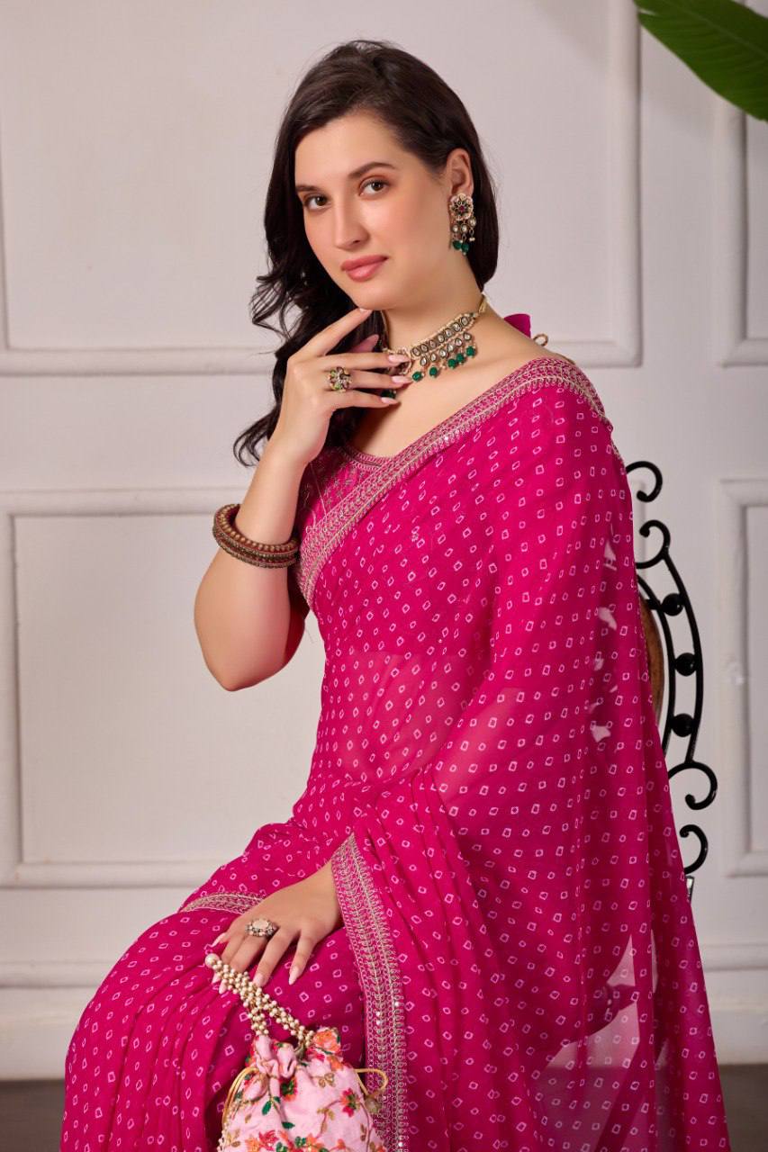 Bandhani Georgette Silk Saree with Embroidery Dori Work & Tapeta Blouse