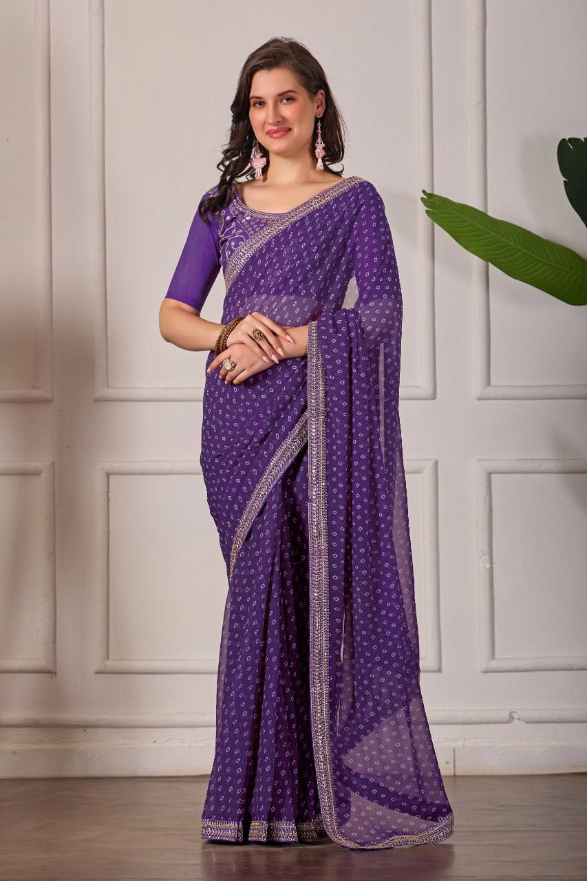 Bandhani Georgette Silk Saree with Embroidery Dori Work & Tapeta Blouse