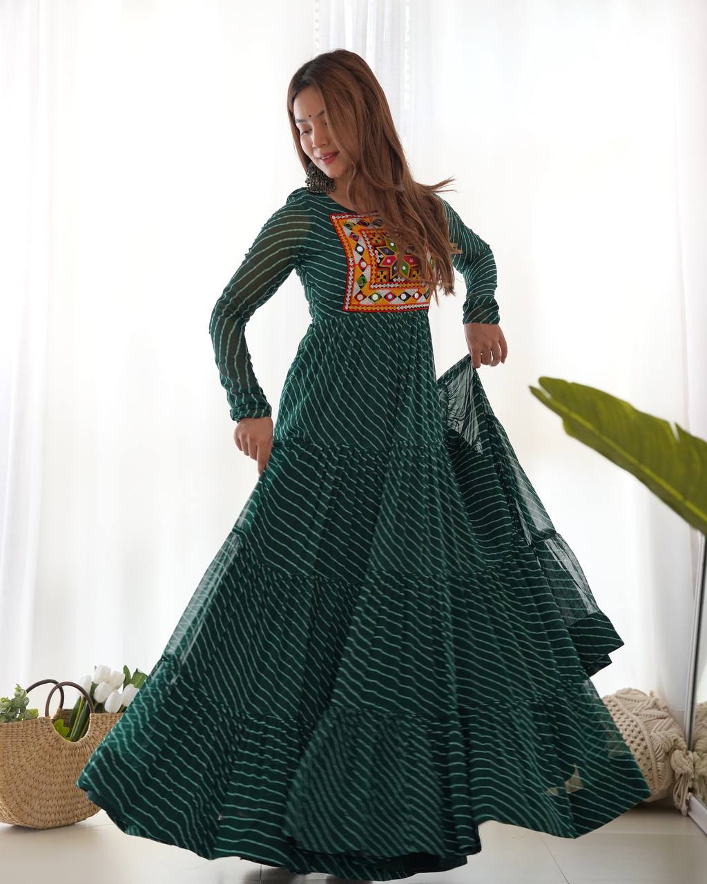 Elegant Leheriya Anarkali Gown with Gamthi Work & 7 Mtr Flair – Ready to Wear