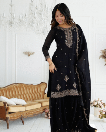 Designer Kediya Kurta & Sharara Set in Soft Crunchy Silk with Embroidery, Jari & Sequin Work