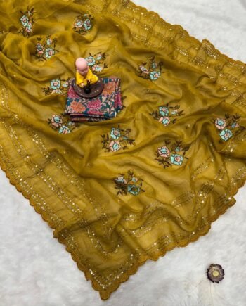 HETSHVI Premium Crush Organza Saree with Self-Sequins & Dori Arco Border | Kalamkari Blouse