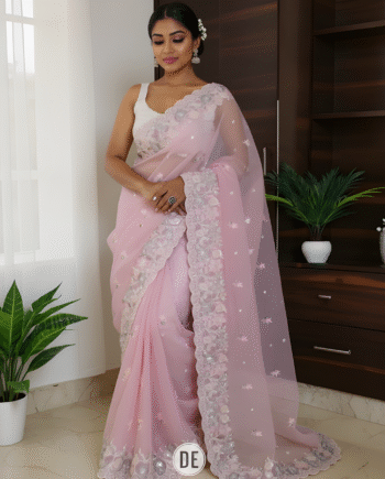 PALAN Soft Crunchy Silk Saree with All-Over Buti Embroidery & Elegant Cutwork Border | Fully Embroidered Blouse