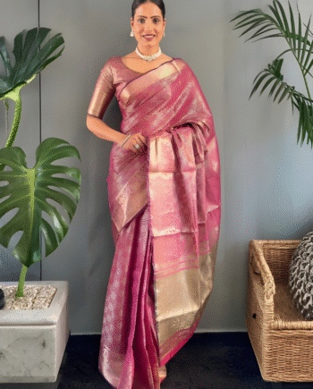 Copper Gold Tissue Silk Saree with Kanchi Border | Bollywood Style Look