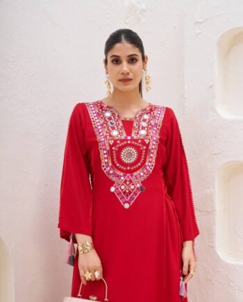 Elegant Reyon Kurti with Palazzo – Thread & Raal Mirror Work with Tassels