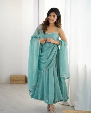 Elegant Crunchy Silk Anarkali Set with Sirozki Work & Dupatta – Fully Stitched