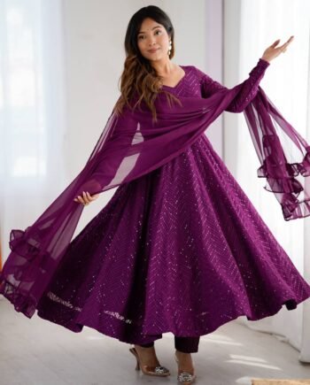 Premium Soft Fox Georgette Anarkali Set with Lucknowi Sequence Work – Dupatta & Pant Included