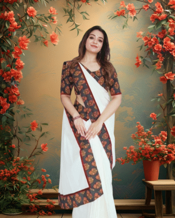 Plain Linen Saree with Digital Print & Matching Blouse