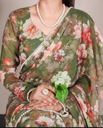Floral Weightless Marbal Saree with Pearl Lace Border