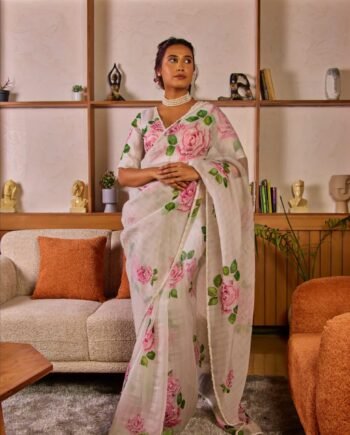 Pure Soft Organza Teby Silk Saree with Floral Prints & Khatli Handwork Border