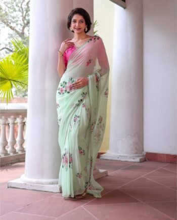 Soft Georgette Saree with Floral Prints & Double Cutdana Moti Border