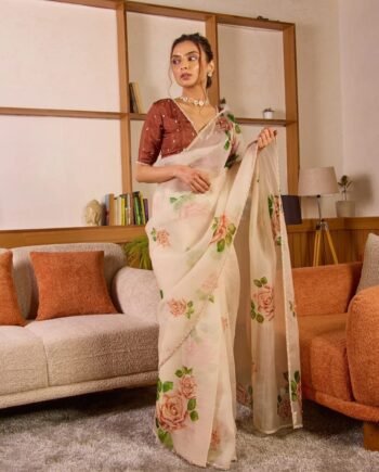Pure Tebby Silk Saree with Floral Prints & Heavy Khatli Moti Border
