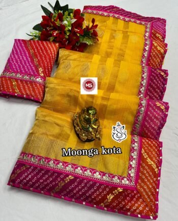 Traditional Moonga Kota Cotton Silk Saree with Bandhej & Coding Sequence Work