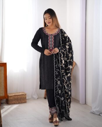 Elegant Chinon Silk 3-Piece Co-ord Set with Thread & Sequin Work