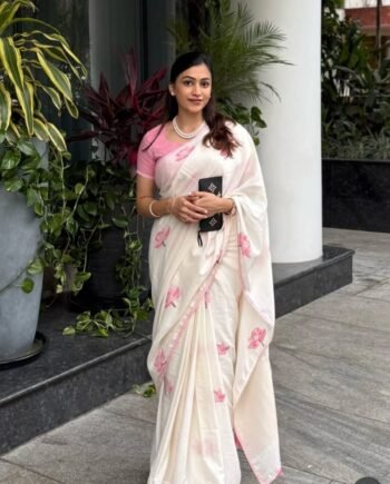 Plain Linen Saree with Digital Print & Fancy Lace Border