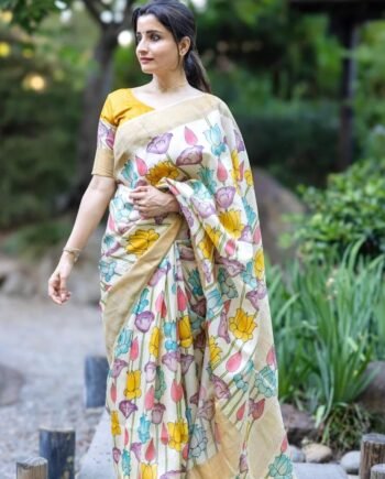 Linen Saree with Gold Jari 5×5 Border & Digital Print